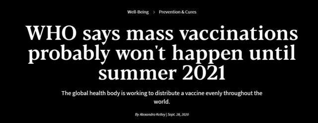 世卫组织表示，可能到2021年夏季才能大规模接种新冠疫苗