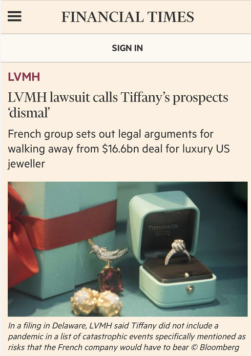“全球最大奢侈品联姻案”失败后续，LVMH和蒂芙尼都把对方告了