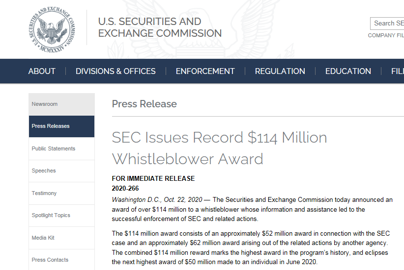 史上最高！美国SEC奖给一个举报人7.6个亿…