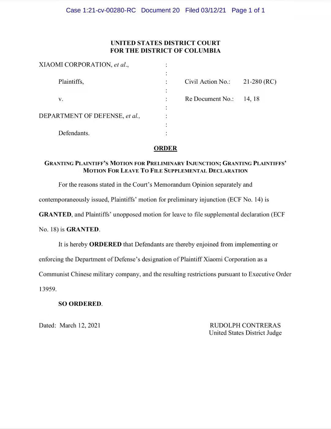 小米“涉军事件”大逆转！美法院正式解除禁令，并不再限制投资者购买小米股票！公司回应_ 证券时报网